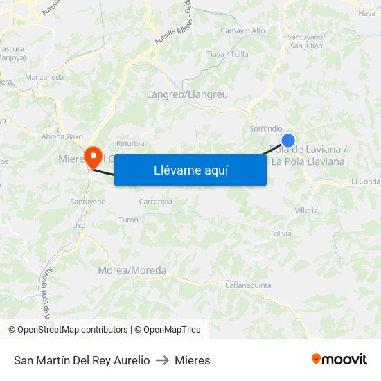 San Martín Del Rey Aurelio to Mieres map