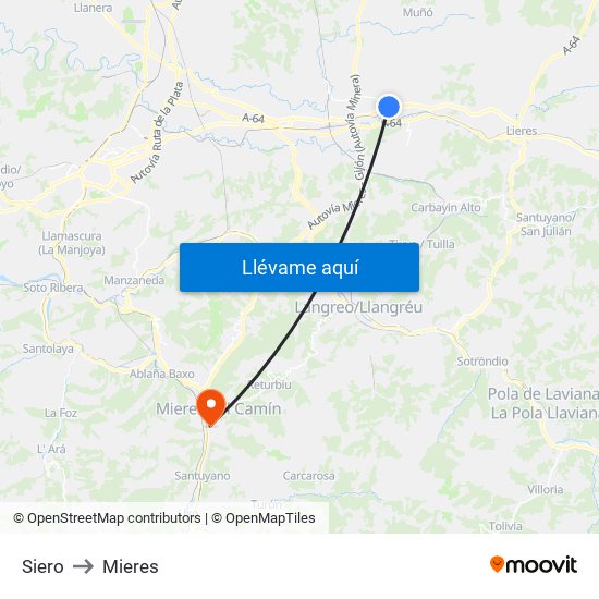Siero to Mieres map