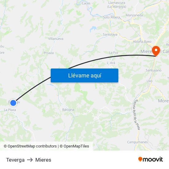 Teverga to Mieres map