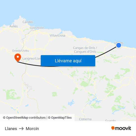 Llanes to Morcín map
