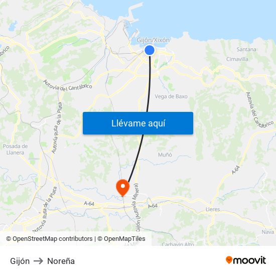 Gijón to Noreña map