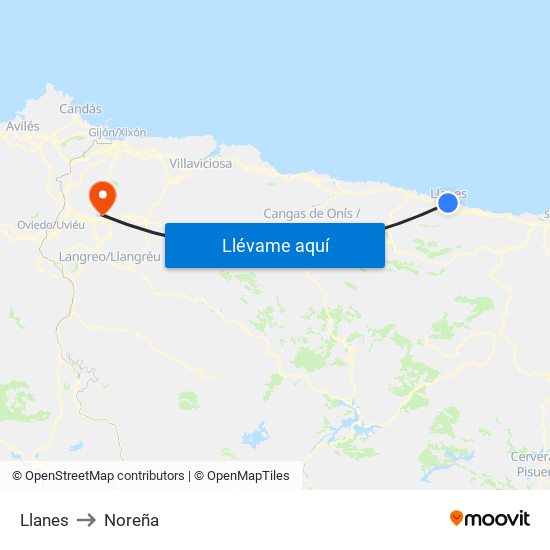 Llanes to Noreña map