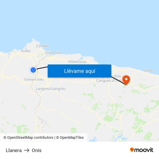 Llanera to Onís map