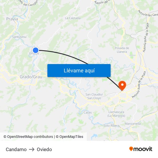 Candamo to Oviedo map