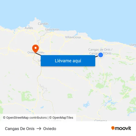 Cangas De Onís to Oviedo map
