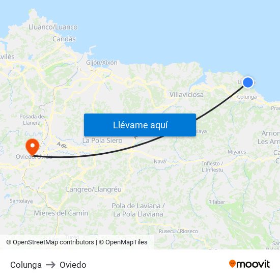 Colunga to Oviedo map