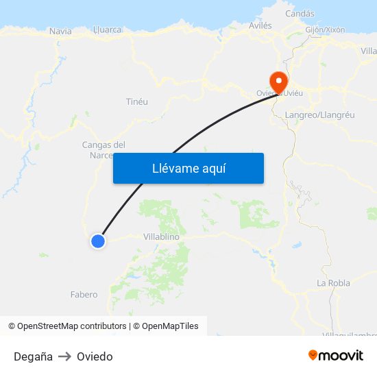 Degaña to Oviedo map
