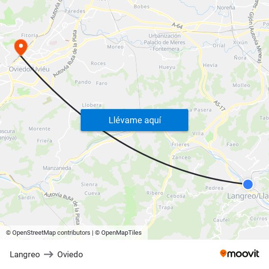 Langreo to Oviedo map