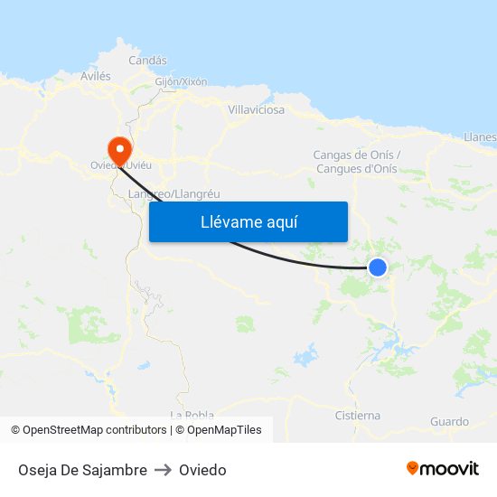 Oseja De Sajambre to Oviedo map