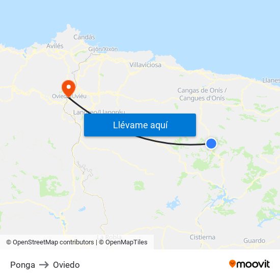 Ponga to Oviedo map
