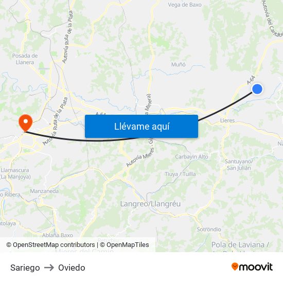 Sariego to Oviedo map