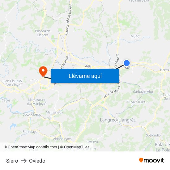 Siero to Oviedo map
