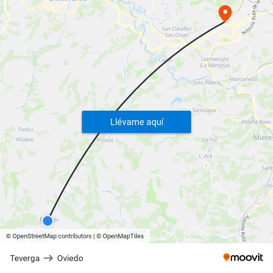 Teverga to Oviedo map