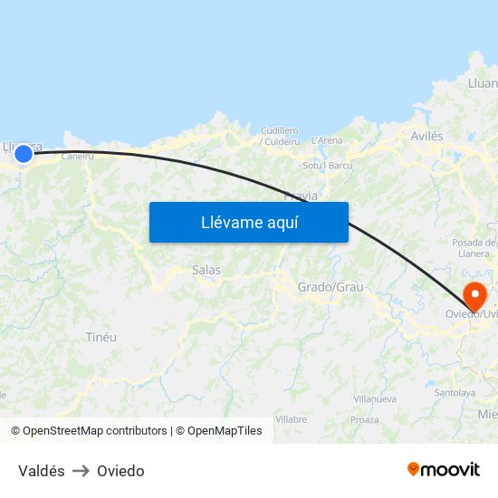 Valdés to Oviedo map