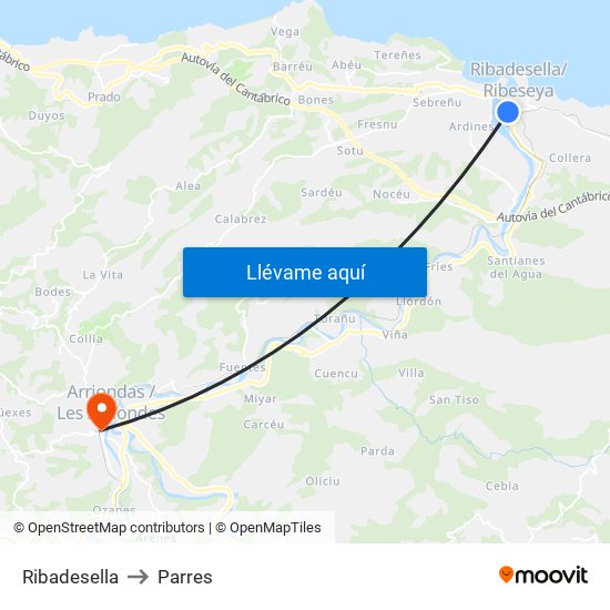 Ribadesella to Parres map
