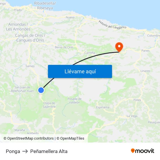 Ponga to Peñamellera Alta map