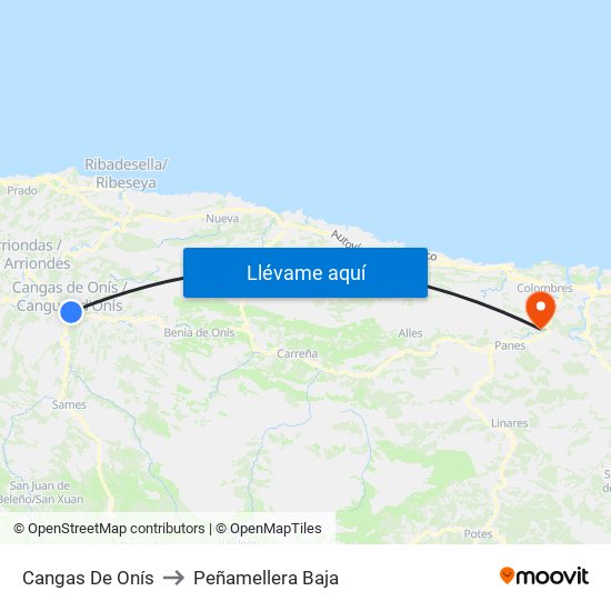 Cangas De Onís to Peñamellera Baja map
