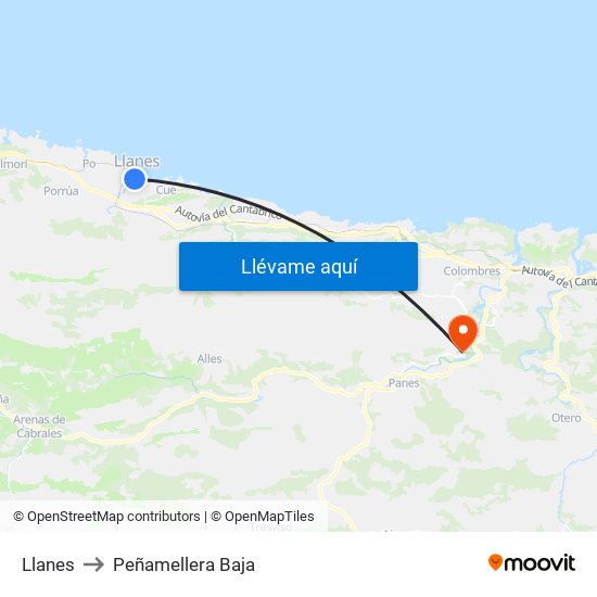 Llanes to Peñamellera Baja map
