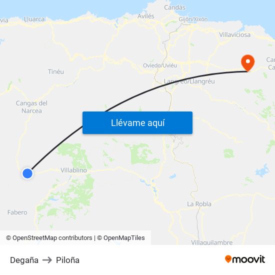 Degaña to Piloña map