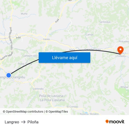 Langreo to Piloña map