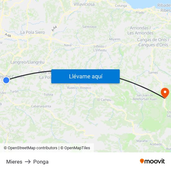 Mieres to Ponga map