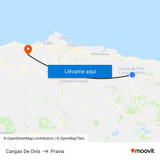 Cangas De Onís to Pravia map