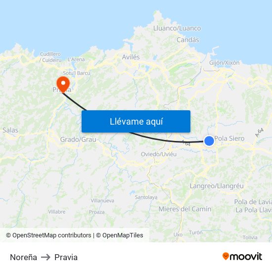 Noreña to Pravia map