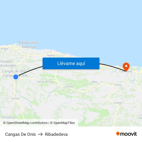 Cangas De Onís to Ribadedeva map