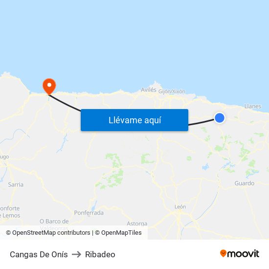 Cangas De Onís to Ribadeo map