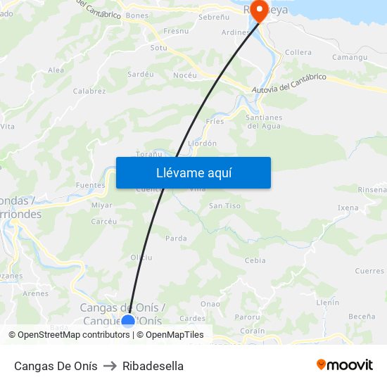 Cangas De Onís to Ribadesella map