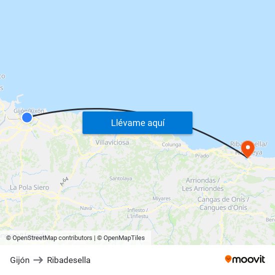 Gijón to Ribadesella map