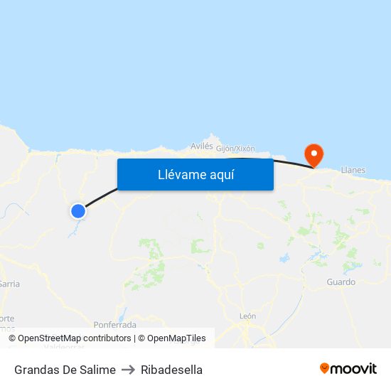 Grandas De Salime to Ribadesella map