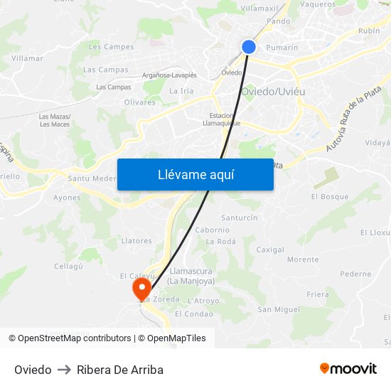 Oviedo to Ribera De Arriba map