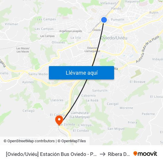[Oviedo/Uviéu]  Estación Bus Oviedo - Pepe Cosmen [Cta 01549] to Ribera De Arriba map