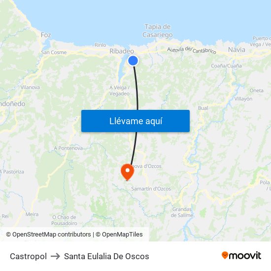 Castropol to Santa Eulalia De Oscos map