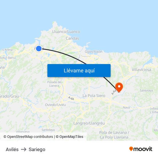 Avilés to Sariego map