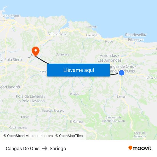 Cangas De Onís to Sariego map