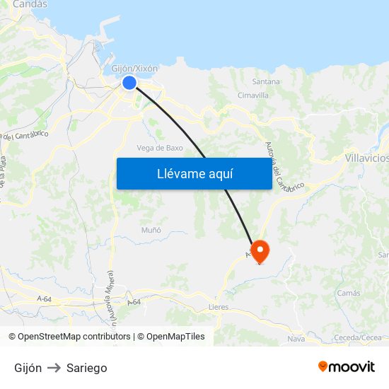 Gijón to Sariego map