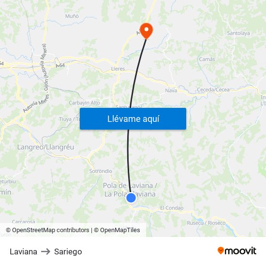 Laviana to Sariego map