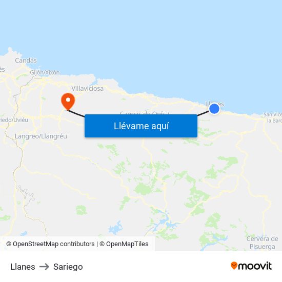 Llanes to Sariego map
