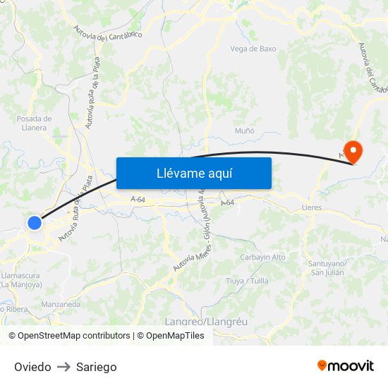 Oviedo to Sariego map