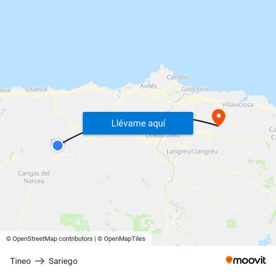 Tineo to Sariego map