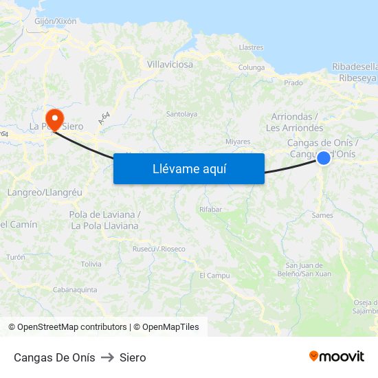 Cangas De Onís to Siero map