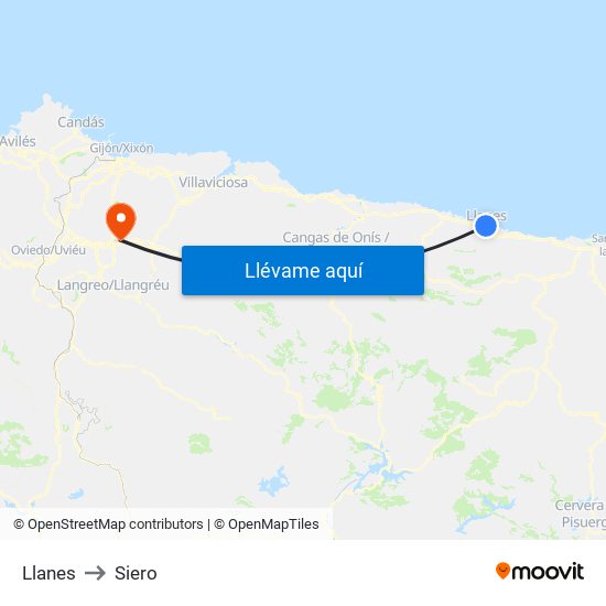 Llanes to Siero map