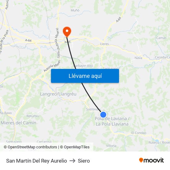 San Martín Del Rey Aurelio to Siero map