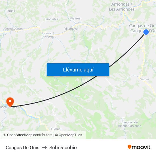 Cangas De Onís to Sobrescobio map