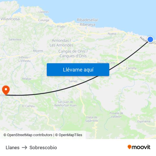 Llanes to Sobrescobio map