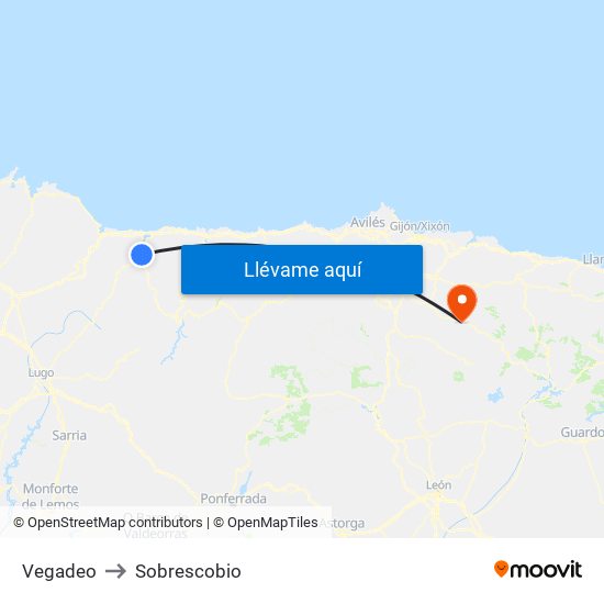 Vegadeo to Sobrescobio map