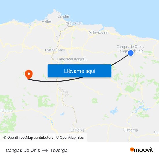 Cangas De Onís to Teverga map