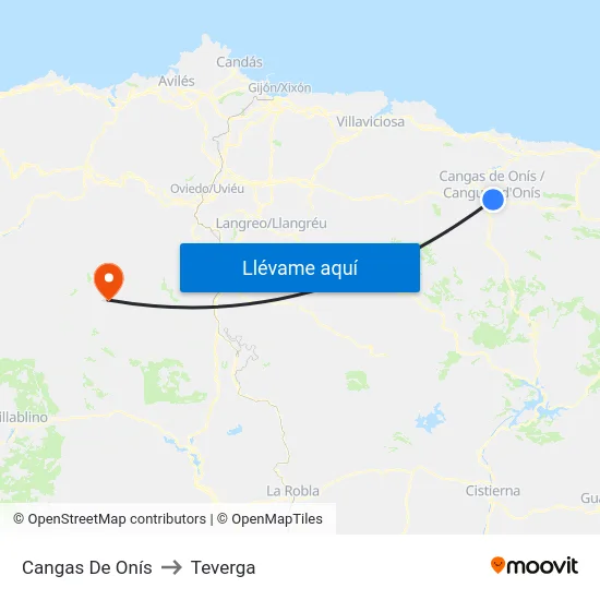 Cangas De Onís to Teverga map